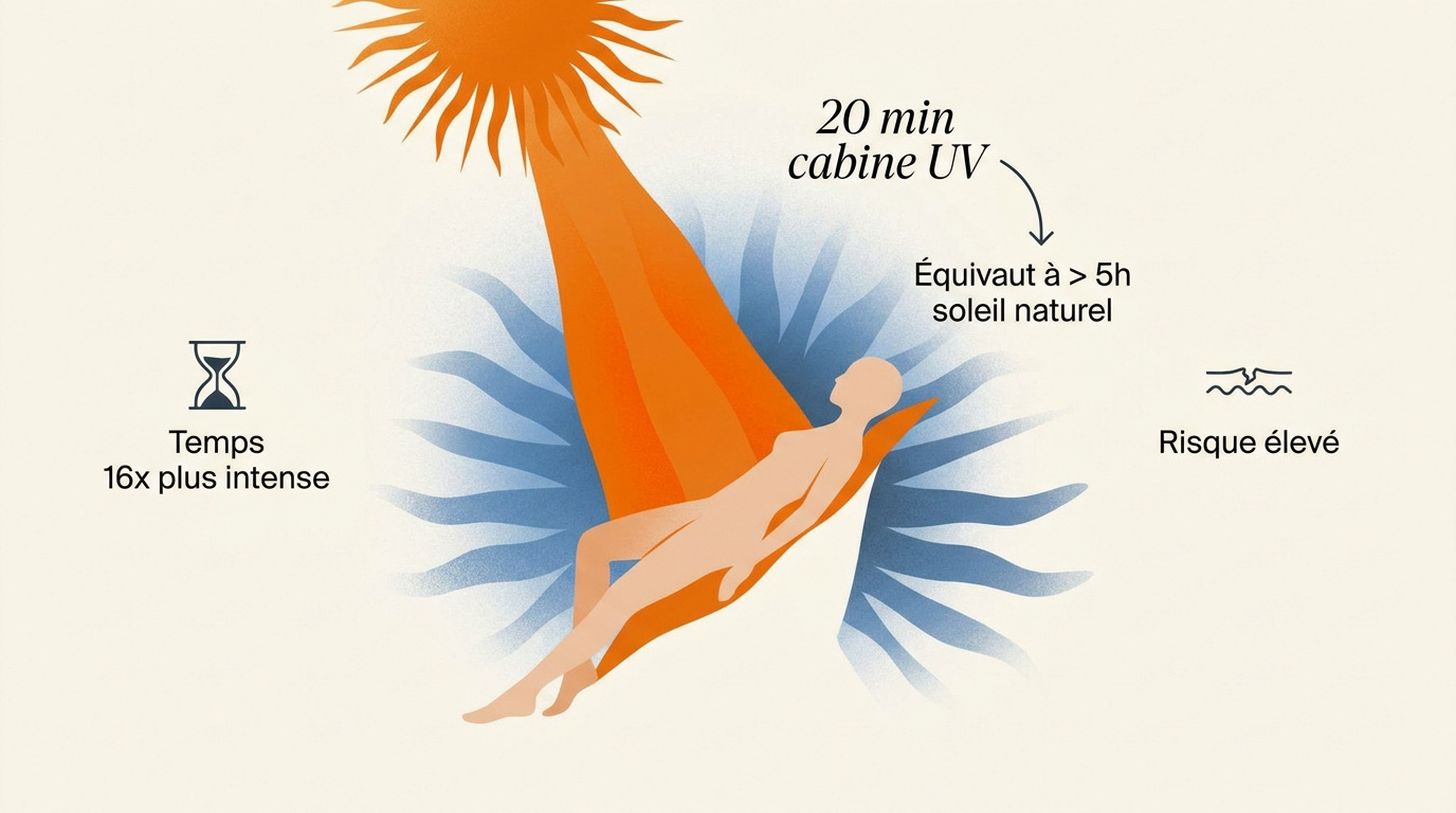 Comparaison intensité 20 minutes cabine UV versus 5 heures soleil naturel