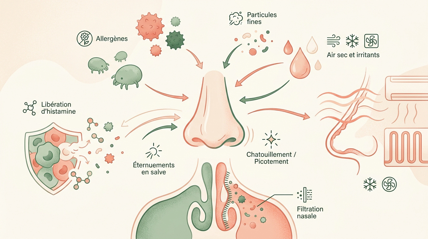 Illustration des mécanismes de l'irritation nasale liée aux allergènes et à l'air sec