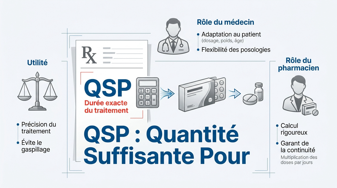 Pharmacien vérifiant une ordonnance médicale avec mention QSP