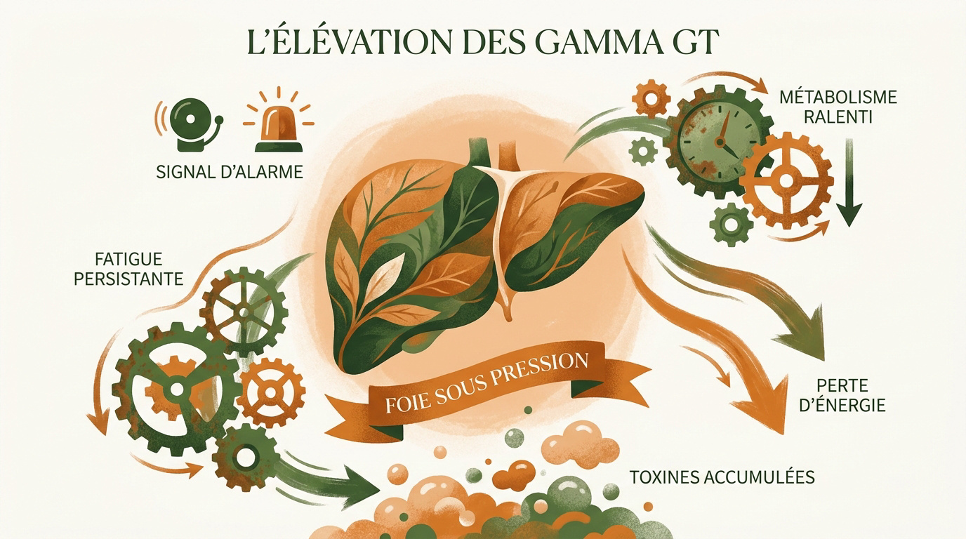 Représentation du foie et des enzymes gamma GT pour comprendre l'élévation sanguine et la fatigue