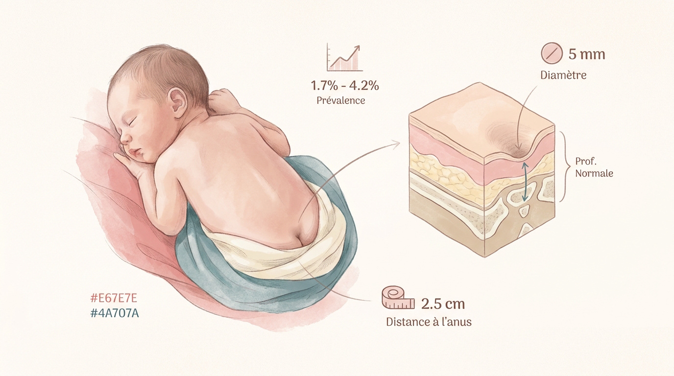 Illustration médicale montrant la localisation d'une fossette sacro-coccygienne chez un nourrisson