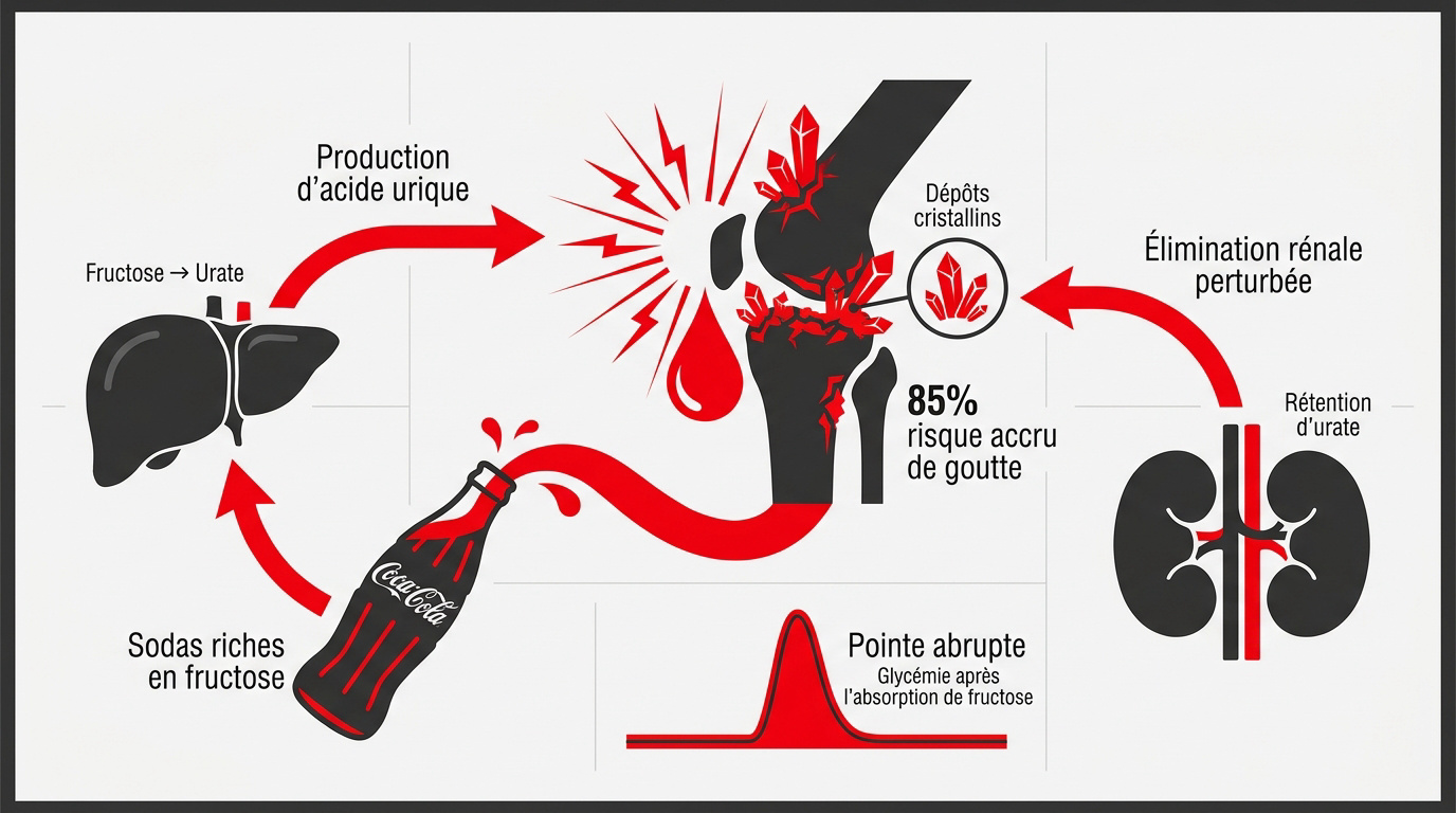 Verre de soda et illustration d'une articulation inflammée par la goutte