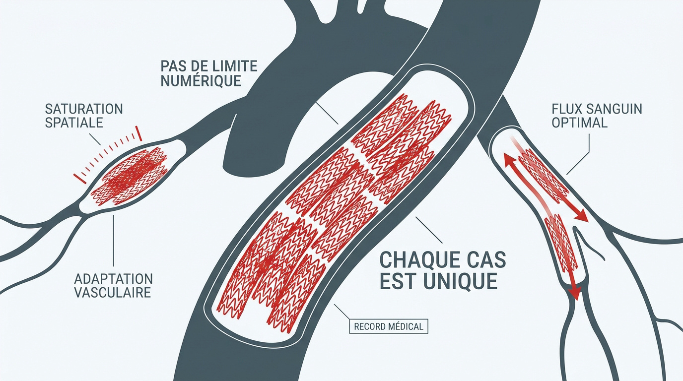 Illustration médicale montrant des artères coronaires avec plusieurs stents implantés pour maintenir le flux sanguin