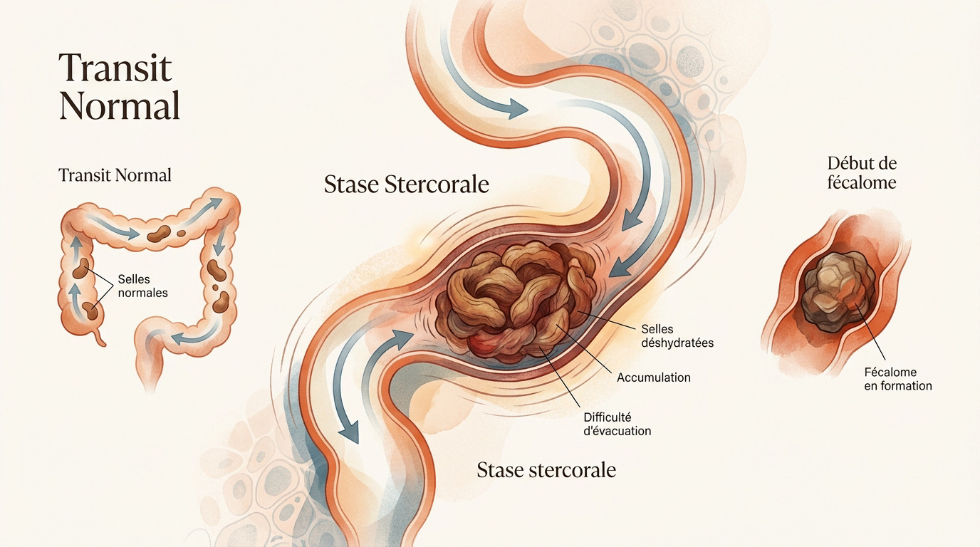 Schéma médical illustrant le mécanisme de la stase stercorale et l'accumulation des selles dans le côlon