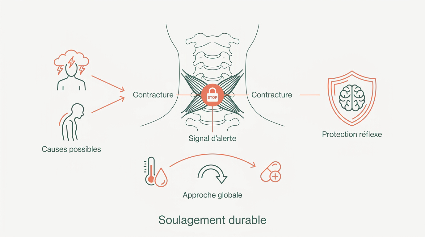 Infographie expliquant les causes des contractures cervicales et les méthodes de soulagement par la chaleur et les étirements doux