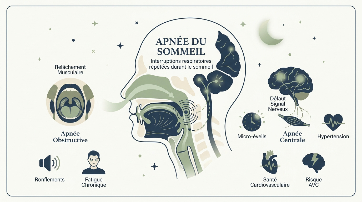 Infographie expliquant les causes et symptômes de l'apnée du sommeil obstructive et centrale