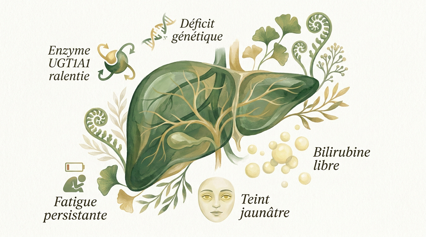 Schéma du foie et métabolisme de la bilirubine dans le syndrome de Gilbert