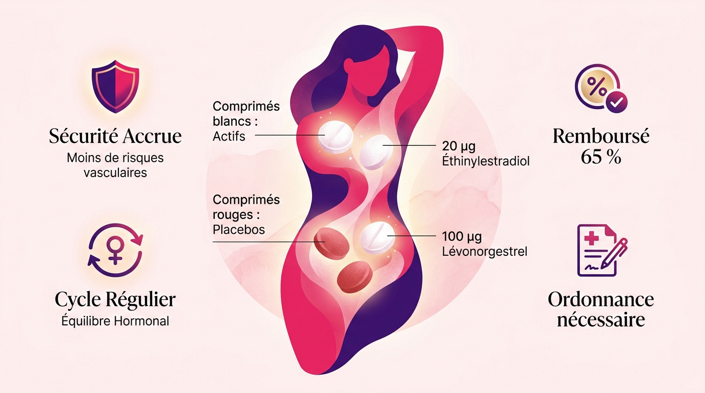 Plaquette de pilule contraceptive Optilova montrant les comprimés blancs et rouges