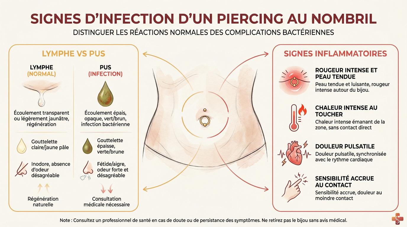 Comparaison visuelle entre la lymphe de cicatrisation et le pus lié à une infection de piercing au nombril