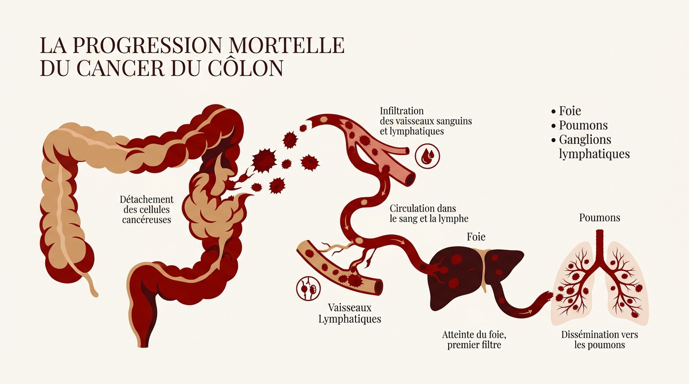Schéma de la progression métastatique du cancer colorectal vers les organes vitaux