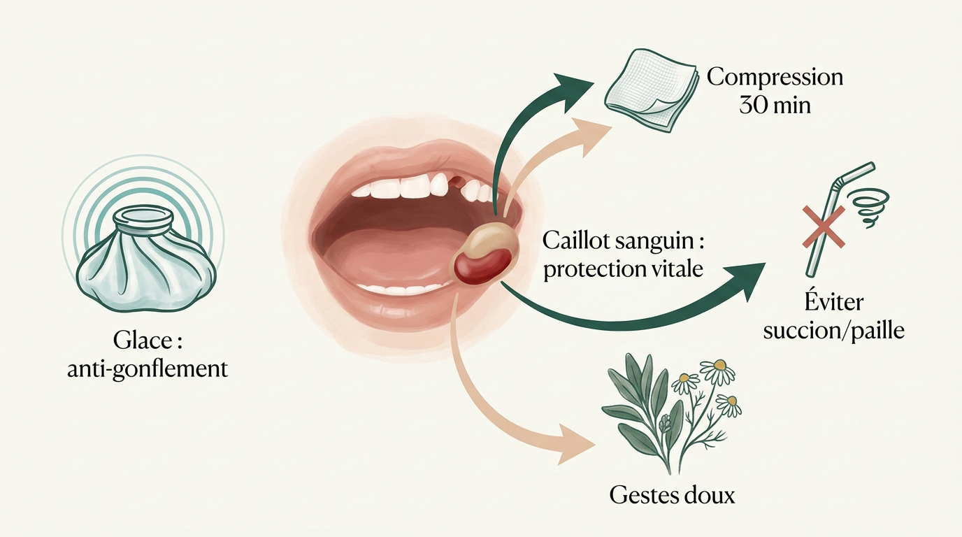 Conseils visuels pour les soins après une extraction dentaire et application de glace